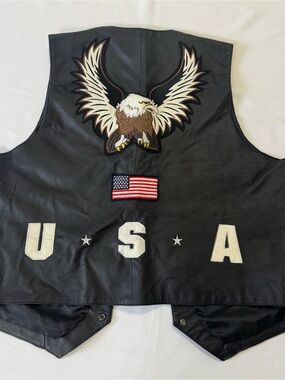 USA Eagle Flag Biker Leather Vest With Button Chains And Pins/Patches USA Made